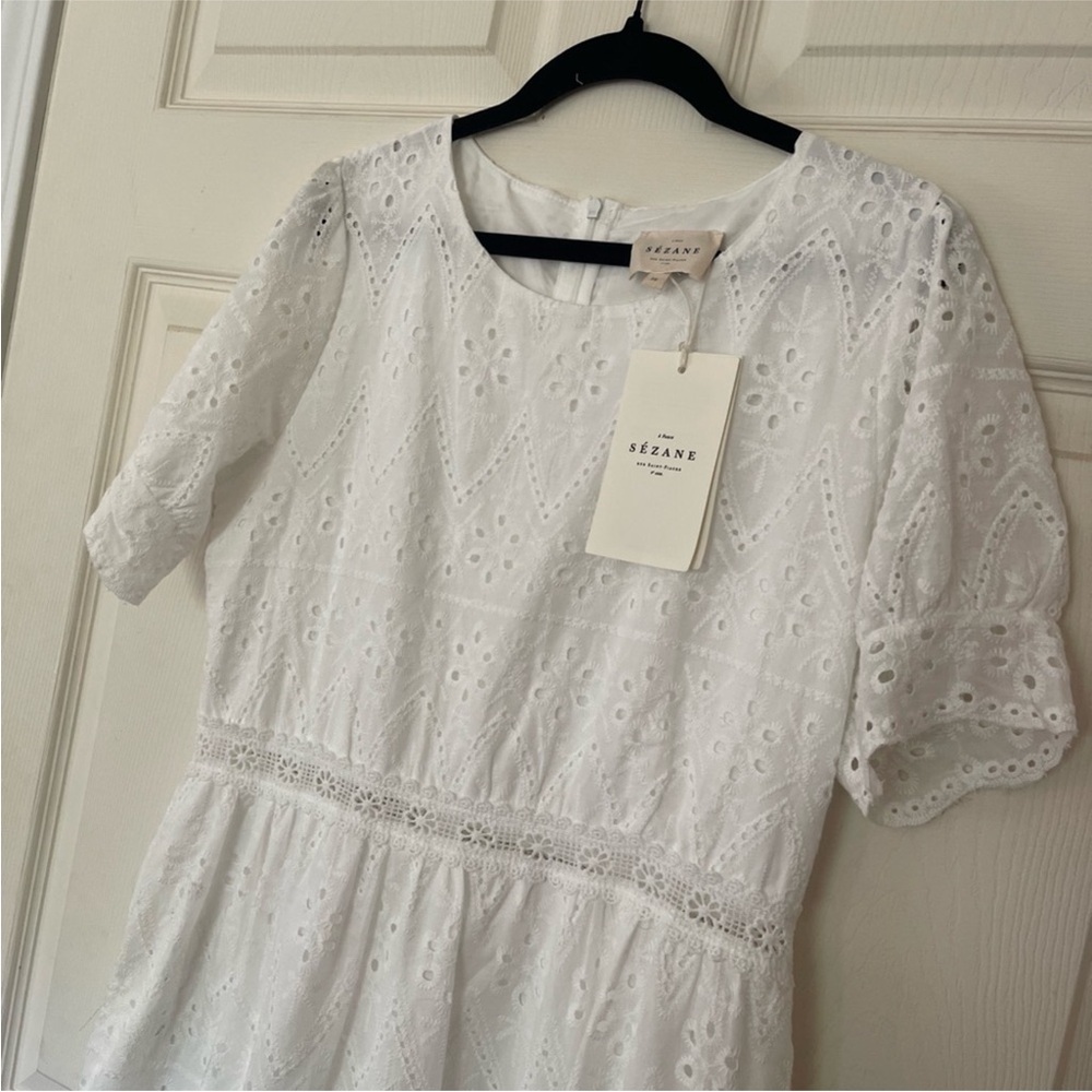 Sezane White Eyelet Long Sleeve Dress